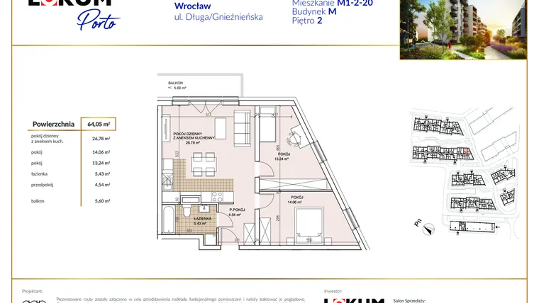 Rzut - Mieszkanie na sprzedaż 3 pokoje o powierzchni 64,22 m² - numer M1-2-20 w Lokum Porto etap V bud. M