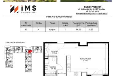 Rzut - Mieszkanie na sprzedaż 2 pokoje o powierzchni 56,65 m² - numer 83 w Krakowskie Tarasy etap V