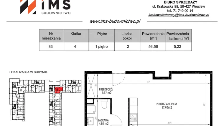 Rzut - Mieszkanie na sprzedaż 2 pokoje o powierzchni 56,65 m² - numer 83 w Krakowskie Tarasy etap V