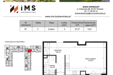 Rzut - Mieszkanie na sprzedaż 2 pokoje o powierzchni 57,29 m² - numer 97 w Krakowskie Tarasy etap V