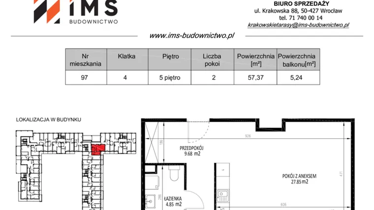 Rzut - Mieszkanie na sprzedaż 2 pokoje o powierzchni 57,29 m² - numer 97 w Krakowskie Tarasy etap V