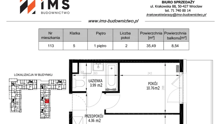 Rzut - Mieszkanie na sprzedaż 2 pokoje o powierzchni 35,5 m² - numer 113 w Krakowskie Tarasy etap V