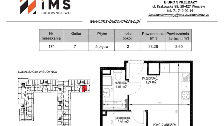 Rzut - Mieszkanie na sprzedaż 2 pokoje o powierzchni 38,21 m² - numer 174 w Krakowskie Tarasy etap V