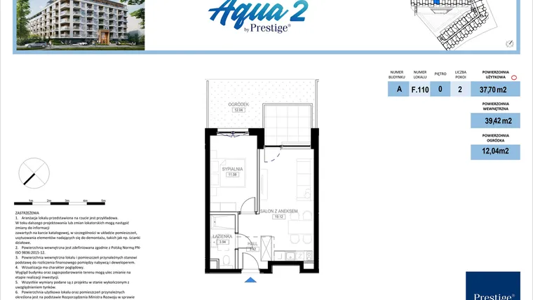 Rzut - Mieszkanie na sprzedaż 2 pokoje o powierzchni 37,7 m² - numer F.110 w Bel Mare (Międzyzdroje)