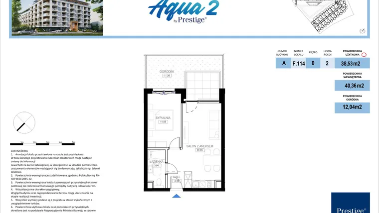 Rzut - Mieszkanie na sprzedaż 2 pokoje o powierzchni 38,53 m² - numer F.114 w Bel Mare (Międzyzdroje)