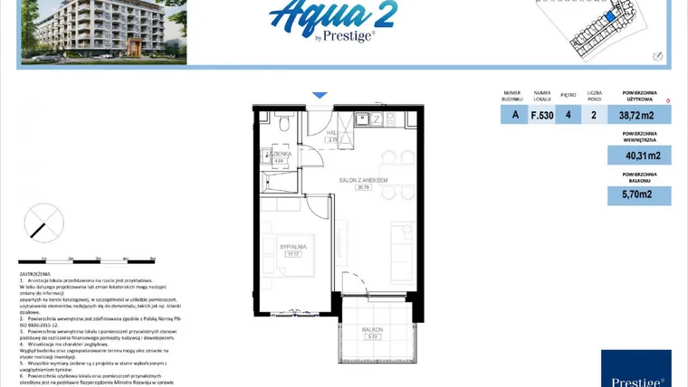 Rzut - Mieszkanie na sprzedaż 2 pokoje o powierzchni 38,72 m² - numer F.530 w Bel Mare (Międzyzdroje)