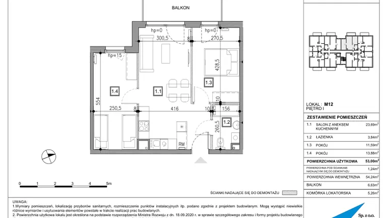 Rzut - Mieszkanie na sprzedaż 3 pokoje o powierzchni 53,08 m² - numer 12 w Nowy Zakroczym
