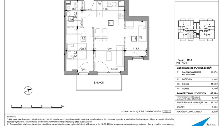 Rzut - Mieszkanie na sprzedaż 3 pokoje o powierzchni 46,59 m² - numer 16 w Nowy Zakroczym