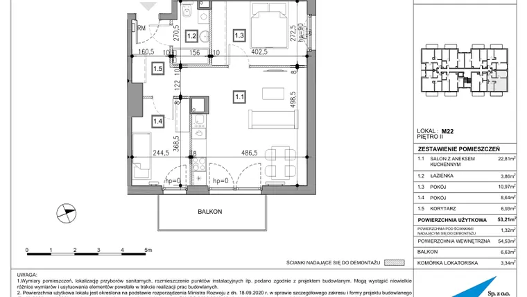 Rzut - Mieszkanie na sprzedaż 3 pokoje o powierzchni 53,22 m² - numer 22 w Nowy Zakroczym