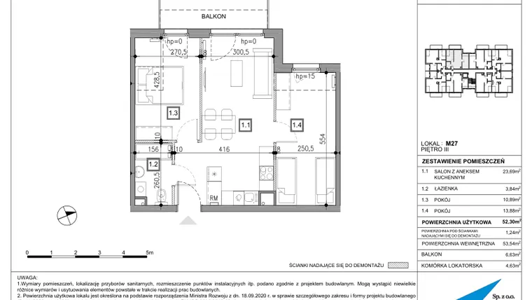 Rzut - Mieszkanie na sprzedaż 3 pokoje o powierzchni 52,3 m² - numer 27 w Nowy Zakroczym