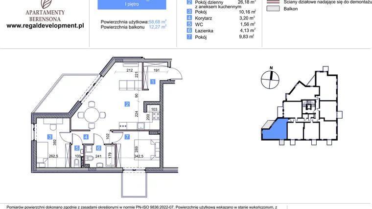 Rzut - Mieszkanie na sprzedaż 3 pokoje o powierzchni 58,68 m² - numer M3_1.2 w Apartmenty Berensona