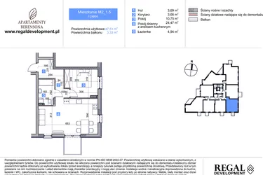 Rzut - Mieszkanie na sprzedaż 2 pokoje o powierzchni 47,51 m² - numer M2_1.5 w Apartmenty Berensona