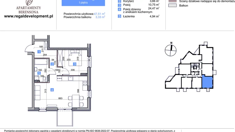 Rzut - Mieszkanie na sprzedaż 2 pokoje o powierzchni 47,51 m² - numer M2_1.5 w Apartmenty Berensona