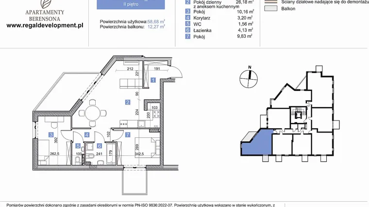 Rzut - Mieszkanie na sprzedaż 3 pokoje o powierzchni 58,68 m² - numer M3_2.2 w Apartmenty Berensona