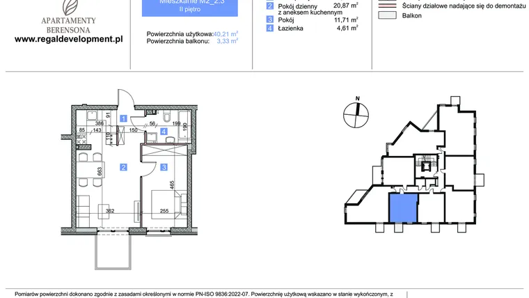 Rzut - Mieszkanie na sprzedaż 2 pokoje o powierzchni 40,21 m² - numer M2_2.3 w Apartmenty Berensona