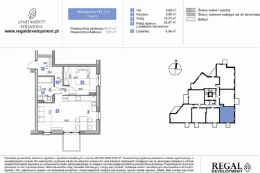 Rzut - Mieszkanie na sprzedaż 2 pokoje o powierzchni 47,51 m² - numer M2_2.5 w Apartmenty Berensona