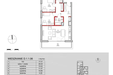 Rzut - Mieszkanie na sprzedaż 4 pokoje o powierzchni 96,37 m² - numer D.1.1.06 w ATAL SKY+ bud. D-F