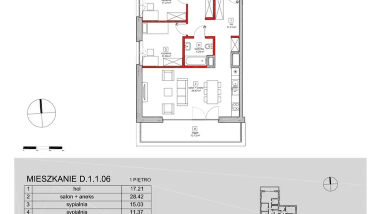 Rzut - Mieszkanie na sprzedaż 4 pokoje o powierzchni 96,37 m² - numer D.1.1.06 w ATAL SKY+ bud. D-F