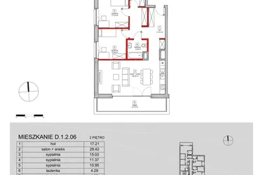 Rzut - Mieszkanie na sprzedaż 4 pokoje o powierzchni 96,42 m² - numer D.1.2.06 w ATAL SKY+ bud. D-F