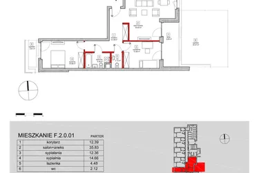 Rzut - Mieszkanie na sprzedaż 3 pokoje o powierzchni 84,24 m² - numer F.2.0.01 w ATAL SKY+ bud. D-F