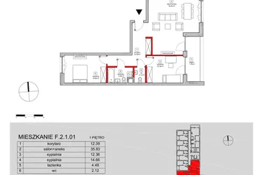 Rzut - Mieszkanie na sprzedaż 3 pokoje o powierzchni 84,15 m² - numer F.2.1.01 w ATAL SKY+ bud. D-F