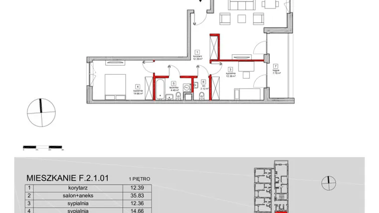 Rzut - Mieszkanie na sprzedaż 3 pokoje o powierzchni 84,15 m² - numer F.2.1.01 w ATAL SKY+ bud. D-F