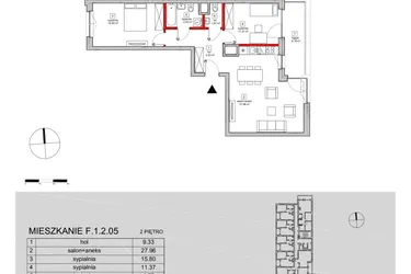Rzut - Mieszkanie na sprzedaż 3 pokoje o powierzchni 72,43 m² - numer F.1.2.05 w ATAL SKY+ bud. D-F
