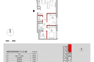 Rzut - Mieszkanie na sprzedaż 3 pokoje o powierzchni 72,52 m² - numer F.2.3.06 w ATAL SKY+ bud. D-F