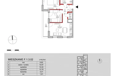 Rzut - Mieszkanie na sprzedaż 3 pokoje o powierzchni 61,01 m² - numer F.1.3.02 w ATAL SKY+ bud. D-F