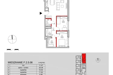 Rzut - Mieszkanie na sprzedaż 3 pokoje o powierzchni 72,5 m² - numer F.2.5.06 w ATAL SKY+ bud. D-F