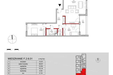 Rzut - Mieszkanie na sprzedaż 3 pokoje o powierzchni 85,84 m² - numer F.2.6.01 w ATAL SKY+ bud. D-F