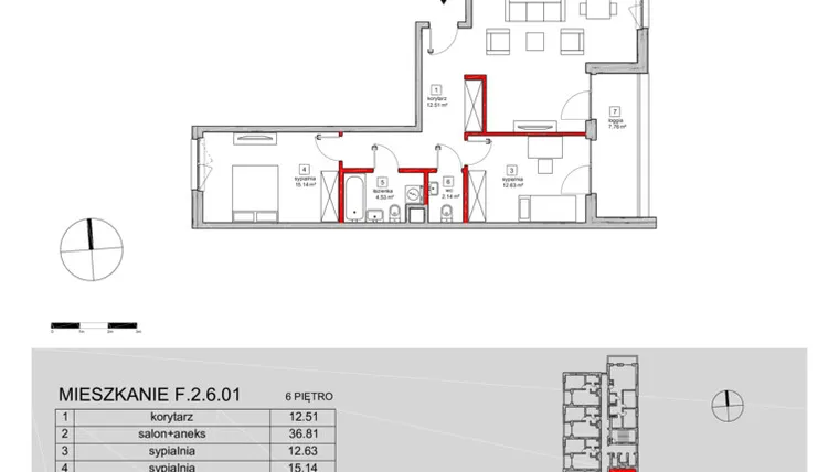 Rzut - Mieszkanie na sprzedaż 3 pokoje o powierzchni 85,84 m² - numer F.2.6.01 w ATAL SKY+ bud. D-F