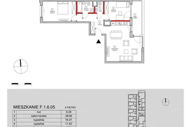 Rzut - Mieszkanie na sprzedaż 3 pokoje o powierzchni 74,07 m² - numer F.1.6.05 w ATAL SKY+ bud. D-F