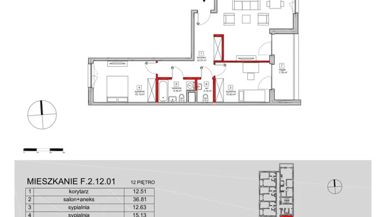 Rzut - Mieszkanie na sprzedaż 3 pokoje o powierzchni 85,84 m² - numer F.2.12.01 w ATAL SKY+ bud. D-F