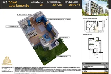 Rzut - Mieszkanie na sprzedaż 1 pokój o powierzchni 39,64 m² - numer A1 w Osiedle Wełnowe Apartamenty