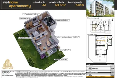 Rzut - Mieszkanie na sprzedaż 3 pokoje o powierzchni 57,42 m² - numer A3 w Osiedle Wełnowe Apartamenty