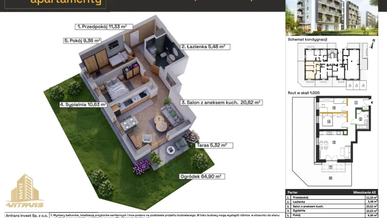 Rzut - Mieszkanie na sprzedaż 3 pokoje o powierzchni 57,42 m² - numer A3 w Osiedle Wełnowe Apartamenty