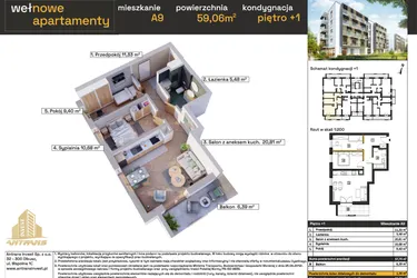 Rzut - Mieszkanie na sprzedaż 3 pokoje o powierzchni 57,7 m² - numer A9 w Osiedle Wełnowe Apartamenty