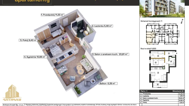 Rzut - Mieszkanie na sprzedaż 3 pokoje o powierzchni 57,7 m² - numer A9 w Osiedle Wełnowe Apartamenty