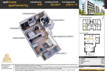 Rzut - Mieszkanie na sprzedaż 3 pokoje o powierzchni 57,7 m² - numer A15 w Osiedle Wełnowe Apartamenty
