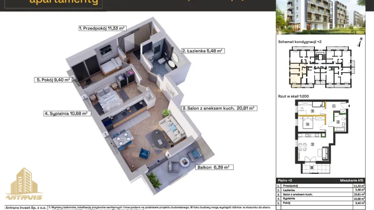 Rzut - Mieszkanie na sprzedaż 3 pokoje o powierzchni 57,7 m² - numer A15 w Osiedle Wełnowe Apartamenty