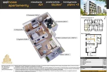 Rzut - Mieszkanie na sprzedaż 3 pokoje o powierzchni 57,7 m² - numer A21 w Osiedle Wełnowe Apartamenty