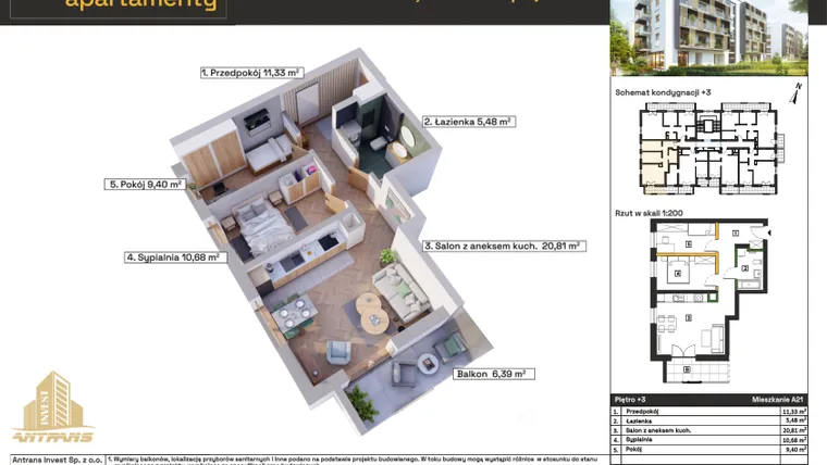 Rzut - Mieszkanie na sprzedaż 3 pokoje o powierzchni 57,7 m² - numer A21 w Osiedle Wełnowe Apartamenty