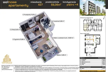 Rzut - Mieszkanie na sprzedaż 3 pokoje o powierzchni 57,7 m² - numer A27 w Osiedle Wełnowe Apartamenty