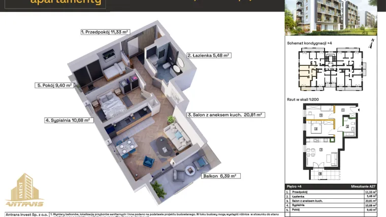 Rzut - Mieszkanie na sprzedaż 3 pokoje o powierzchni 57,7 m² - numer A27 w Osiedle Wełnowe Apartamenty