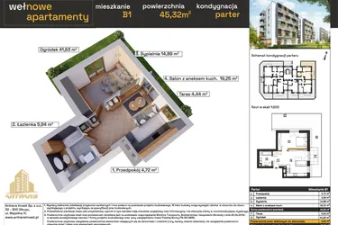 Rzut - Mieszkanie na sprzedaż 2 pokoje o powierzchni 44,5 m² - numer B1 w Osiedle Wełnowe Apartamenty