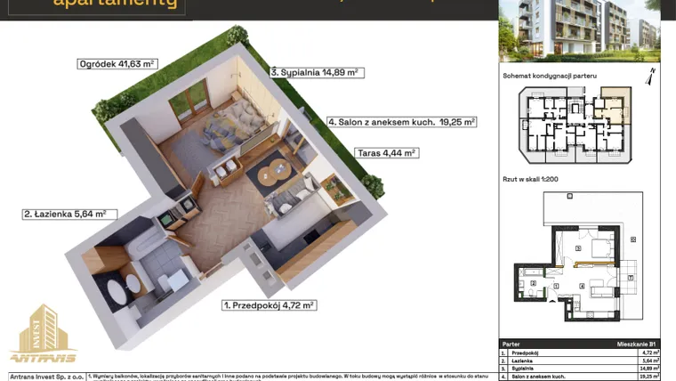 Rzut - Mieszkanie na sprzedaż 2 pokoje o powierzchni 44,5 m² - numer B1 w Osiedle Wełnowe Apartamenty