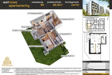 Rzut - Mieszkanie na sprzedaż 3 pokoje o powierzchni 57,52 m² - numer B5 w Osiedle Wełnowe Apartamenty