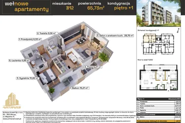 Rzut - Mieszkanie na sprzedaż 3 pokoje o powierzchni 65,93 m² - numer B12 w Osiedle Wełnowe Apartamenty