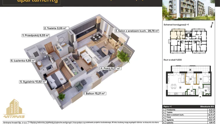 Rzut - Mieszkanie na sprzedaż 3 pokoje o powierzchni 65,93 m² - numer B12 w Osiedle Wełnowe Apartamenty